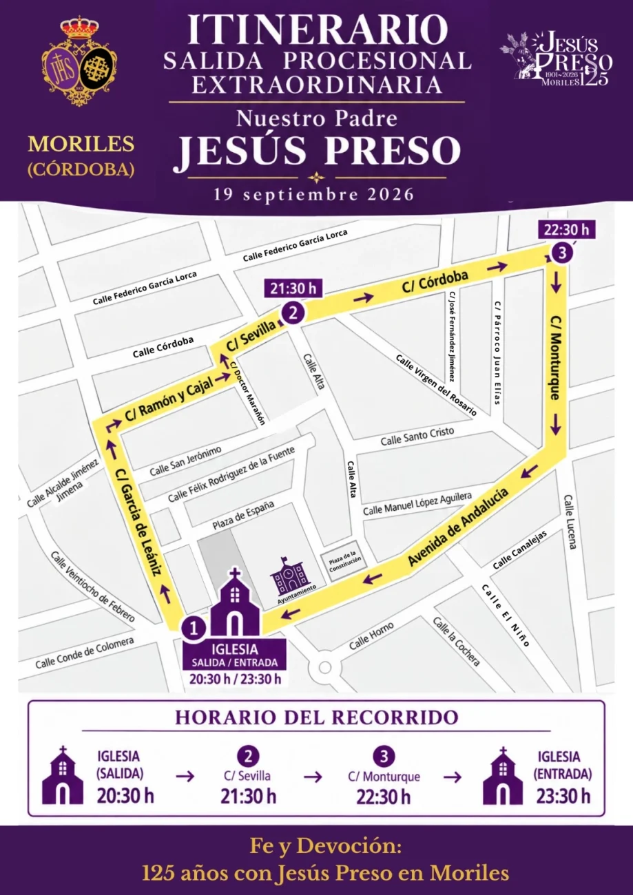 Itinerario de la Procesión extraordinaria de Nuestro Padre Jesús Preso de Moriles 2026